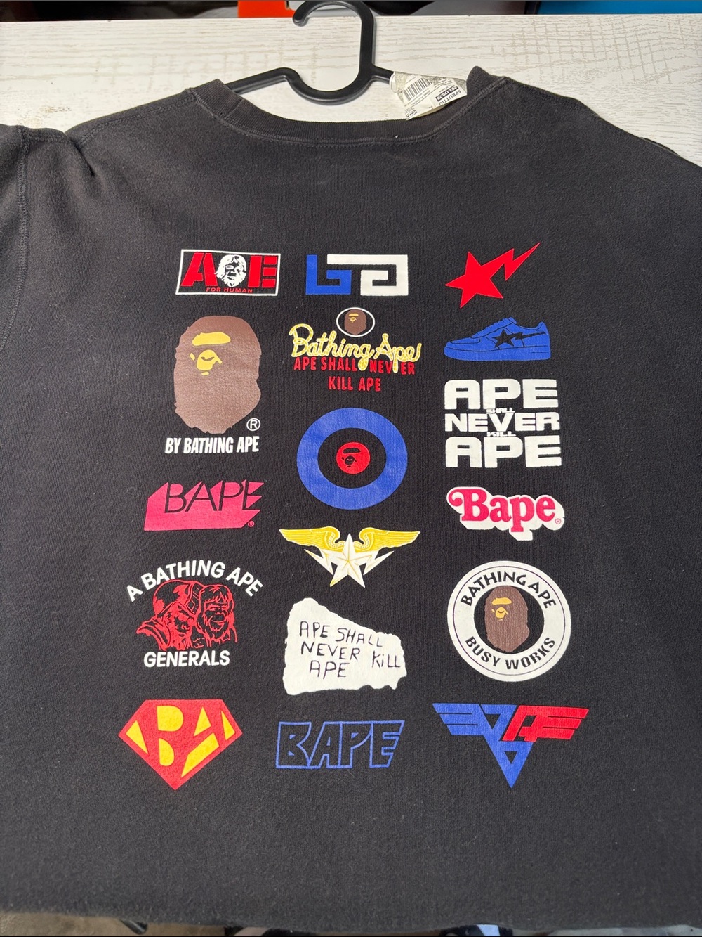 Bape Black Long Sleeve Tee with Multicolor Logo Grid fit Large-XLarge